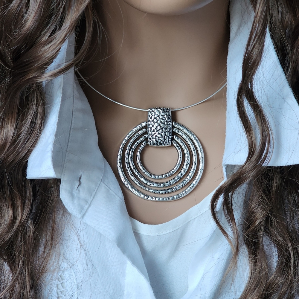 Big Contemporary Silver Disc Pendant Silver Hypoallergenic Boho Necklace